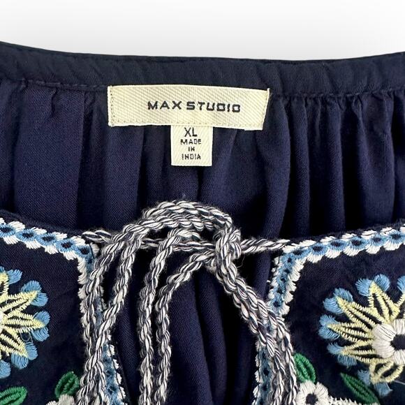 Max Studio Embroidered Peasant Dress Size XL Navy Blue Boho Oversized Tassel - Picture 3 of 11